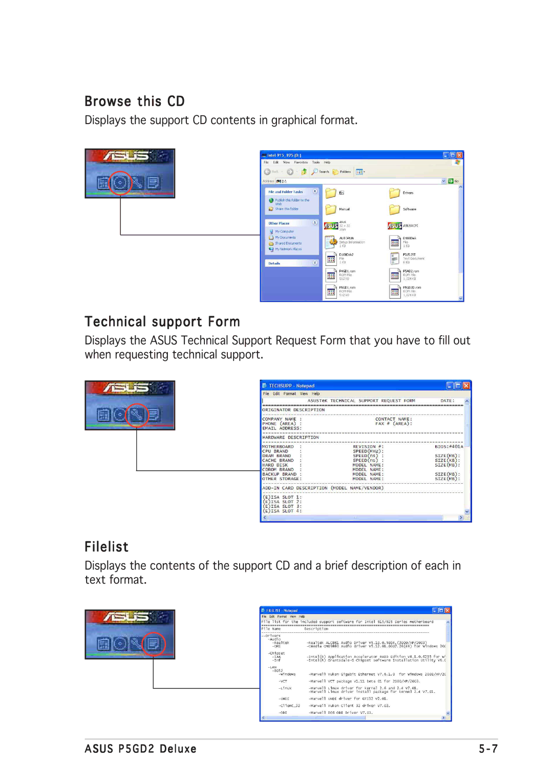 Asus P5GD2 manual Browse this CD, Technical support Form, Filelist 