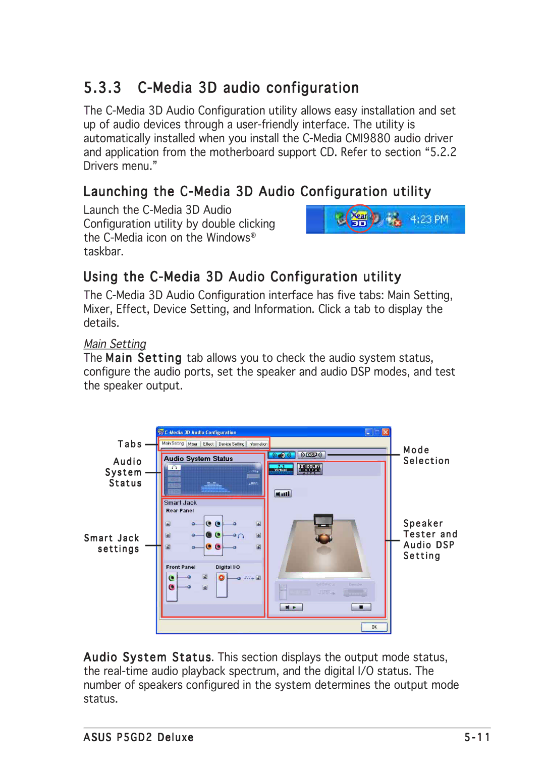 Asus P5GD2 manual Media 3D audio configuration, Launching the C-Media 3D Audio Configuration utility 