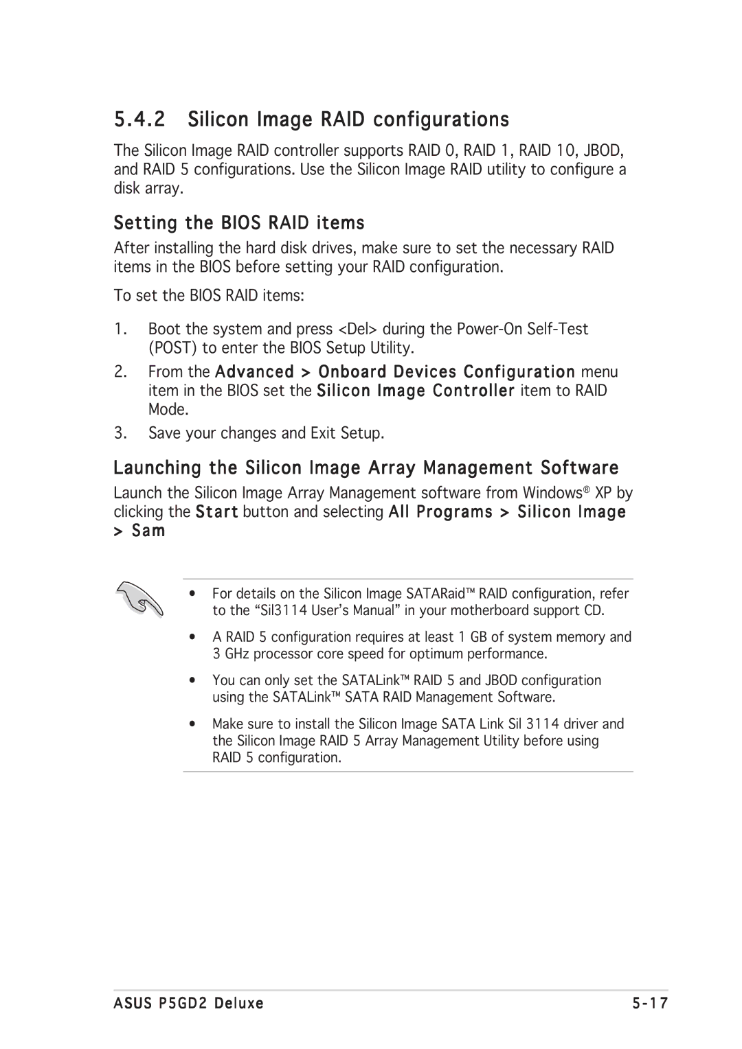 Asus P5GD2 manual Silicon Image RAID configurations, Setting the Bios RAID items 