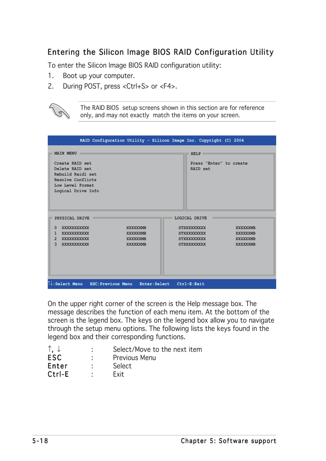 Asus P5GD2 manual Entering the Silicon Image Bios RAID Configuration Utility, Ctrl-E 