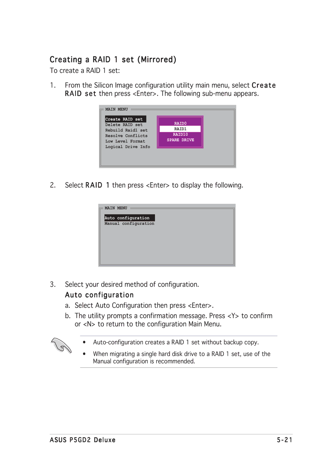 Asus P5GD2 manual Creating a RAID 1 set Mirrored 