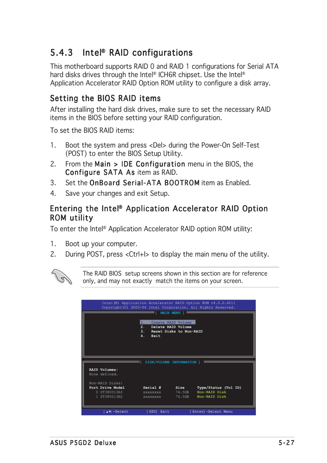 Asus P5GD2 manual Intel¨ RAID configurations, Set the OnBoard Serial-ATA Bootrom item as Enabled 