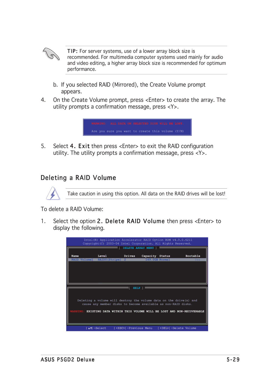 Asus P5GD2 manual Deleting a RAID Volume, Delete Array Menu 