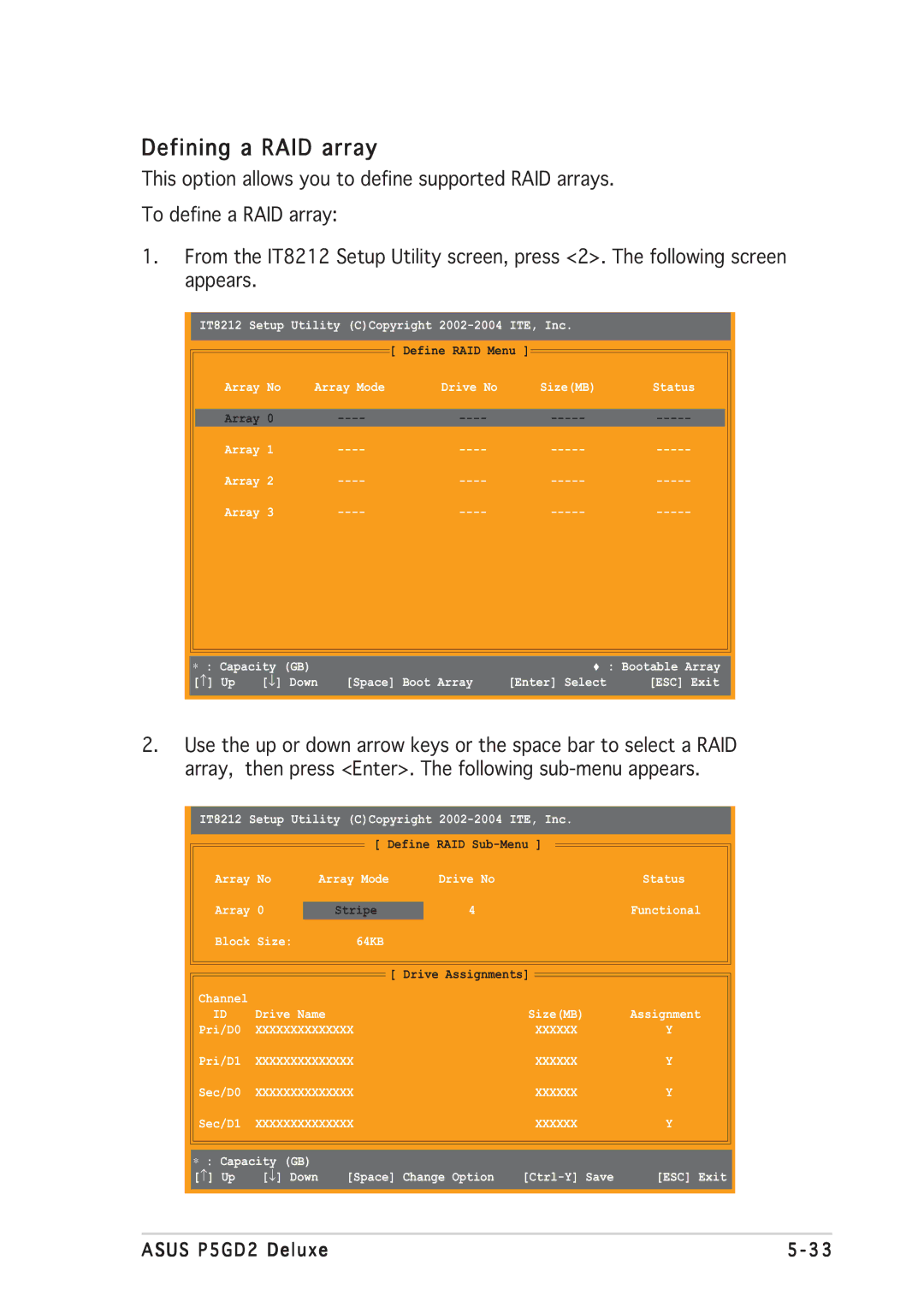 Asus P5GD2 manual Defining a RAID array 