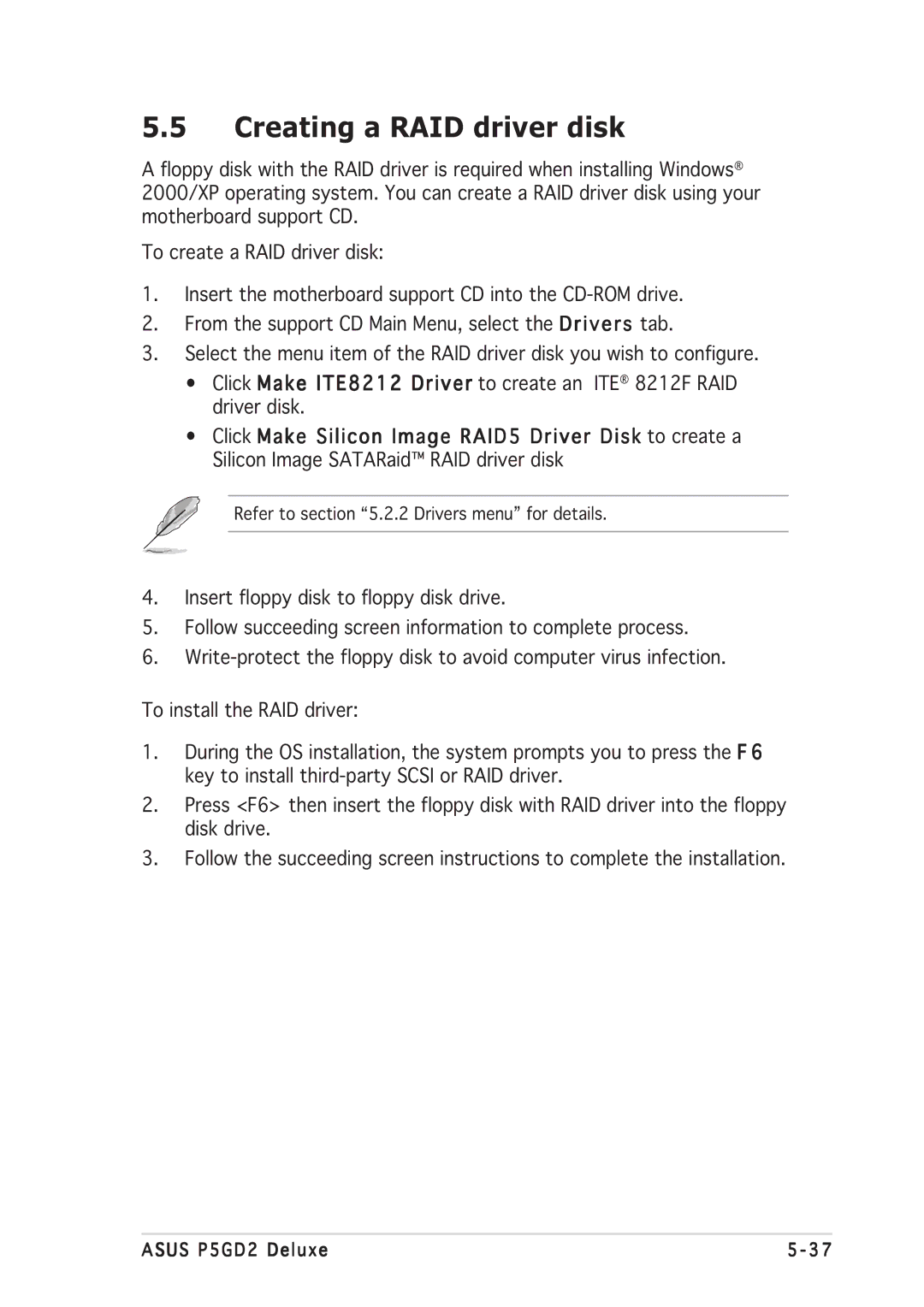 Asus P5GD2 manual Creating a RAID driver disk 