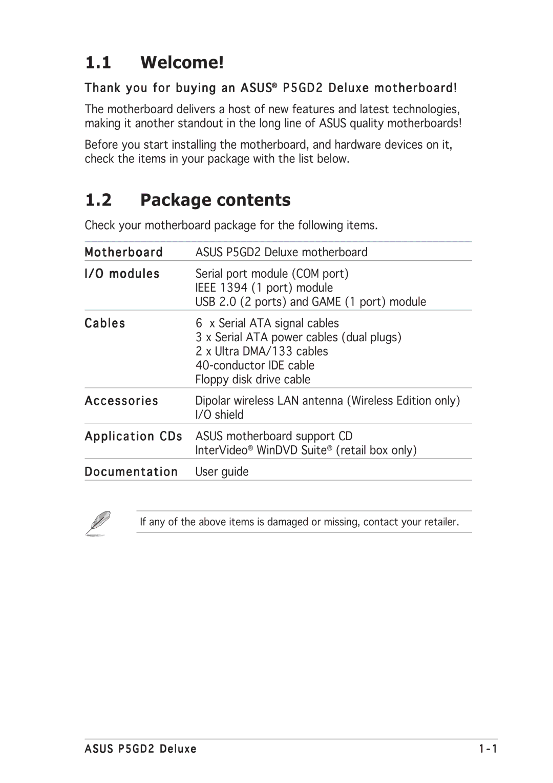 Asus P5GD2 manual Welcome, Package contents 