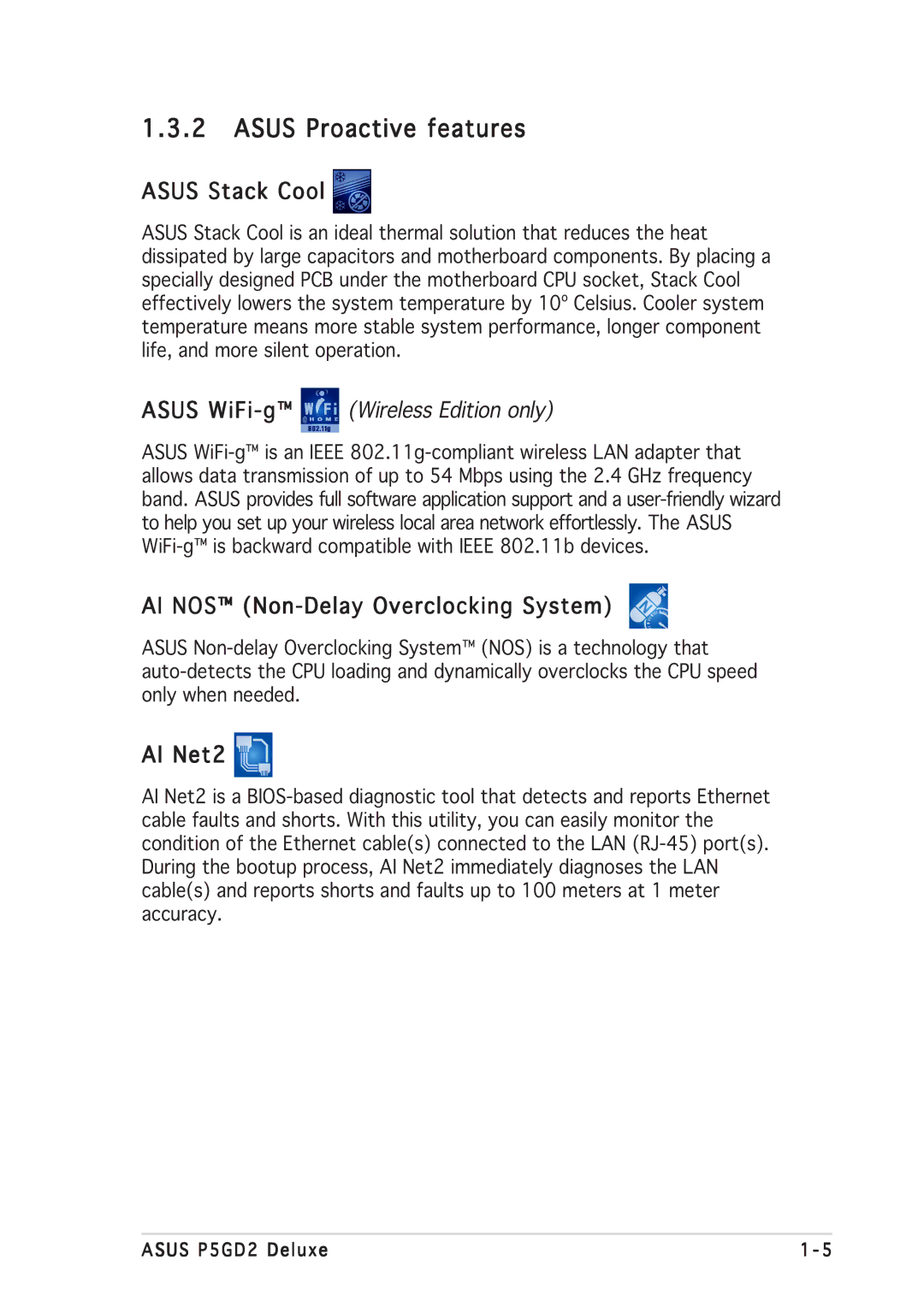 Asus P5GD2 manual Asus Proactive features, Asus Stack Cool, AI NOSª Non-Delay Overclocking System, AI Net2 