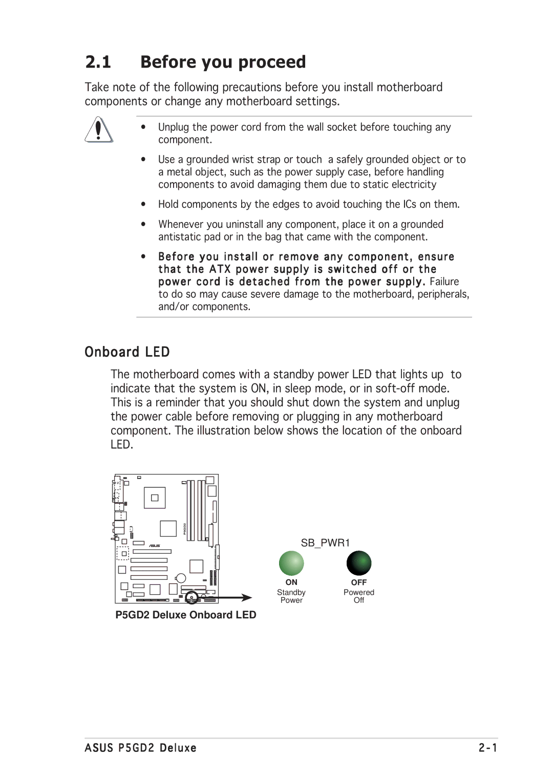 Asus manual Before you proceed, P5GD2 Deluxe Onboard LED Asus P5GD2 Deluxe 