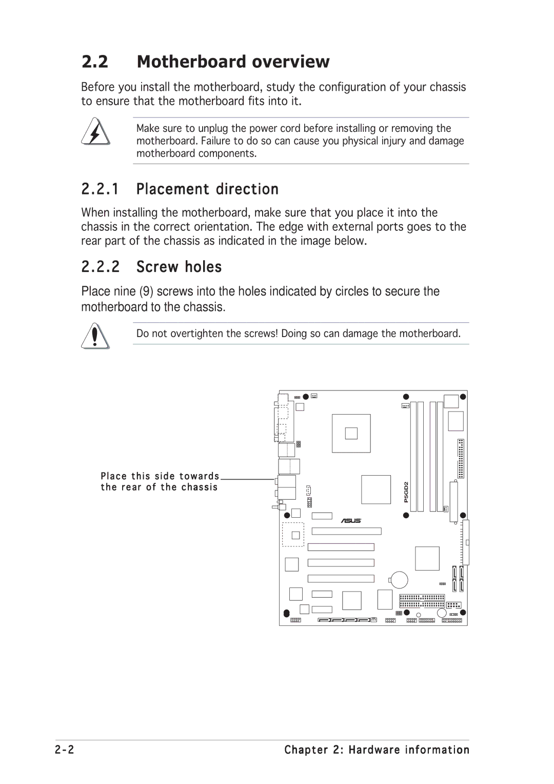 Asus P5GD2 manual Motherboard overview, Placement direction, Screw holes 