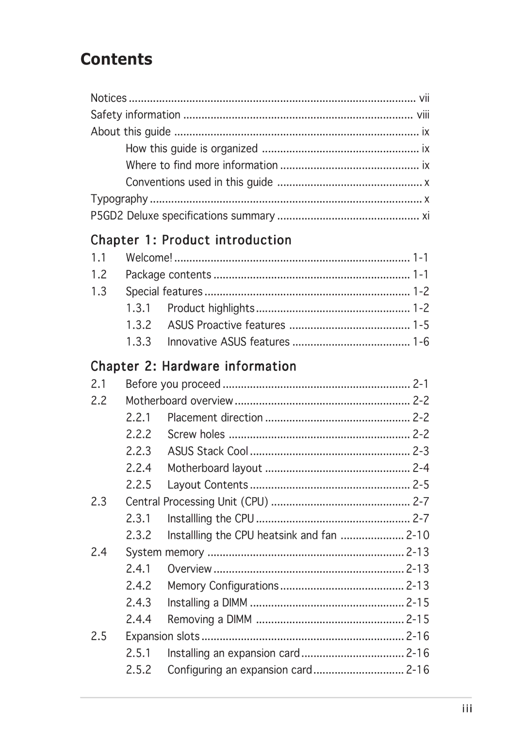 Asus P5GD2 manual Contents 