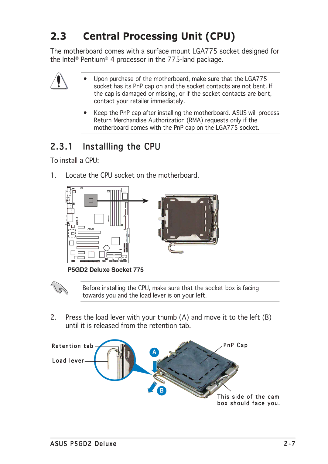 Asus manual Central Processing Unit CPU, Installling the CPU, P5GD2 Deluxe Socket 