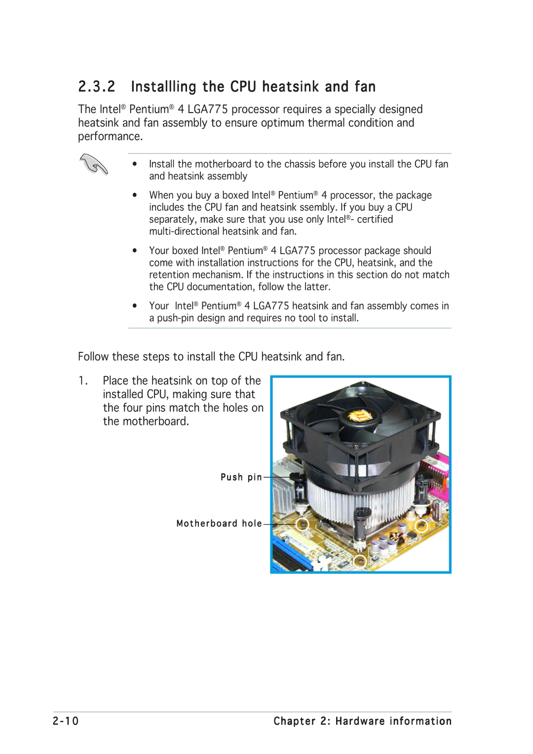 Asus P5GD2 manual Installling the CPU heatsink and fan 