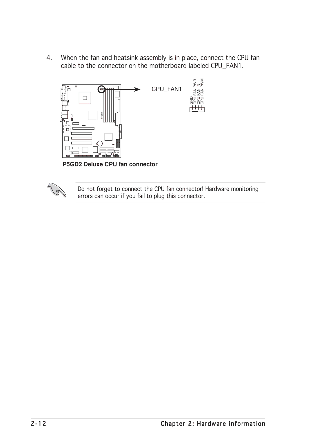 Asus manual P5GD2 Deluxe CPU fan connector 