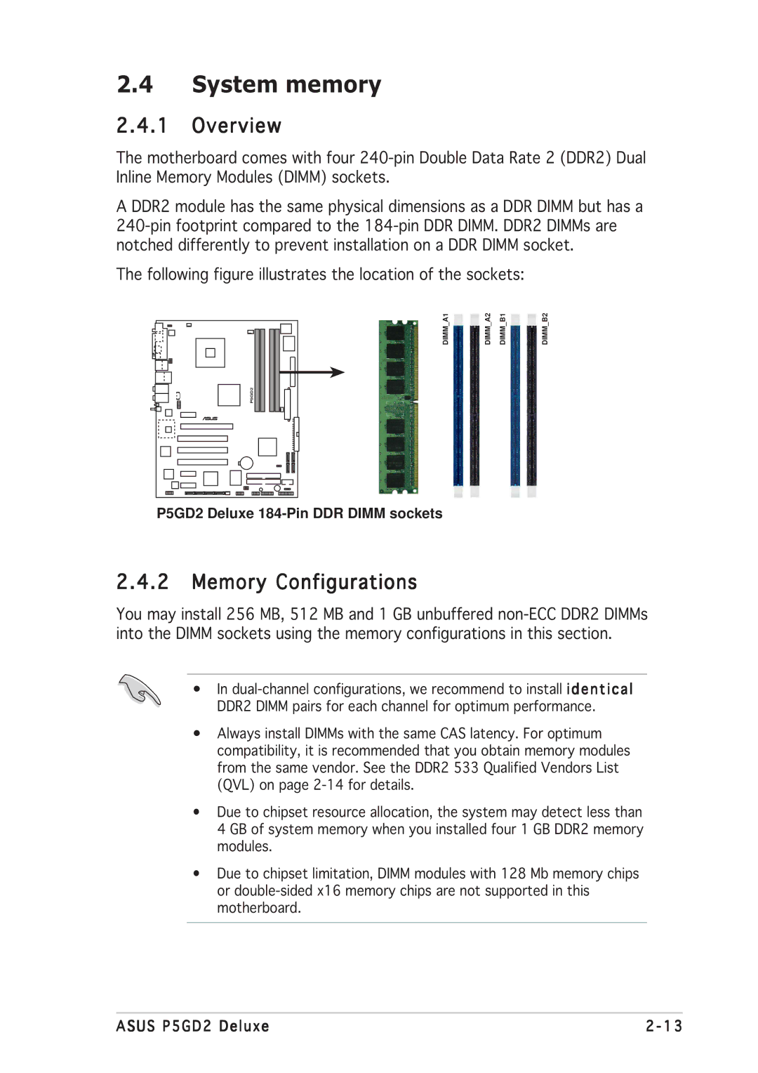 Asus manual System memory, Overview, Memory Configurations, P5GD2 Deluxe 184-Pin DDR Dimm sockets 