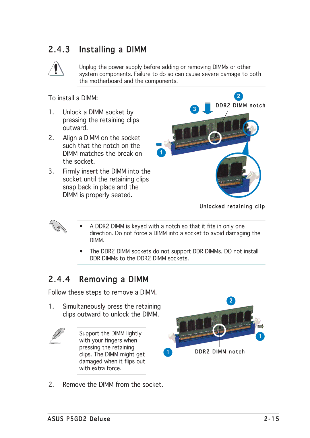 Asus P5GD2 manual Installing a Dimm, Removing a Dimm, To install a Dimm 