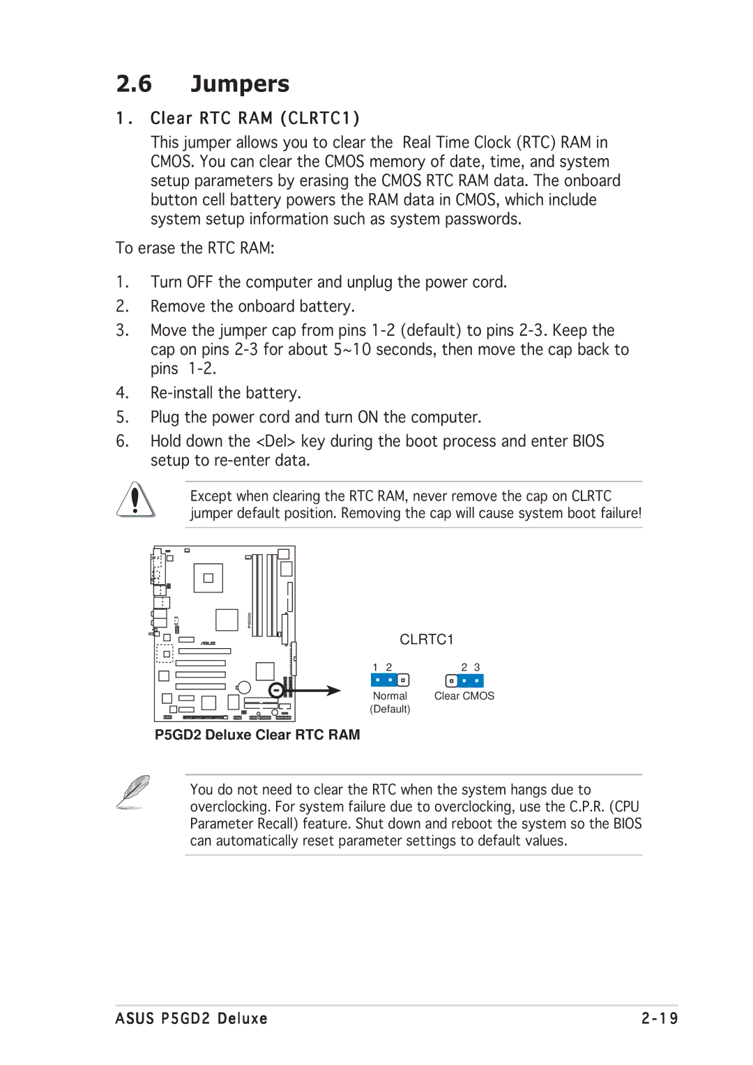 Asus manual Jumpers, Clear RTC RAM CLRTC1, P5GD2 Deluxe Clear RTC RAM 