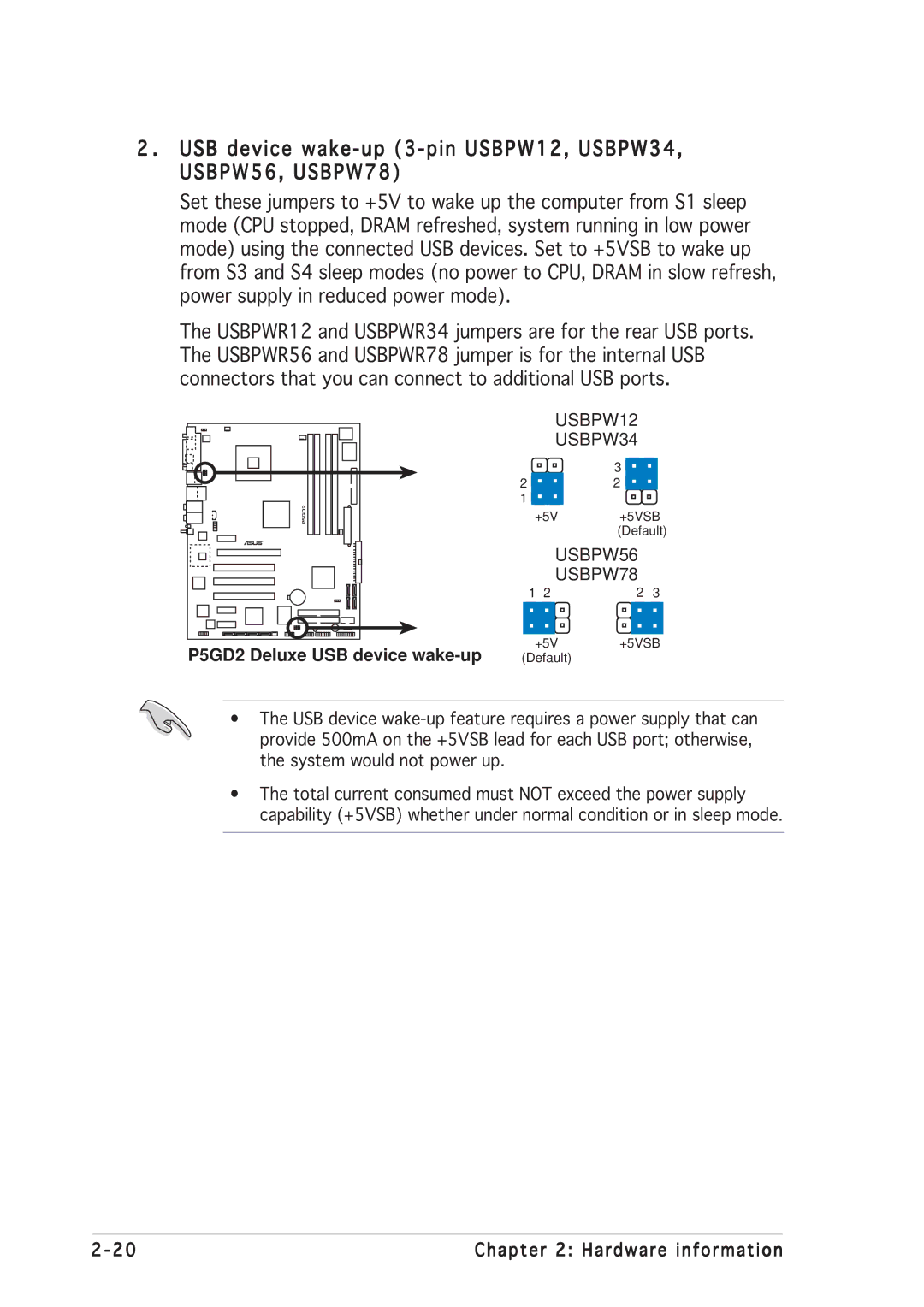 Asus manual USB device wake-up 3-pin USBPW12, USBPW34, USBPW56, USBPW78, P5GD2 Deluxe USB device wake-up 