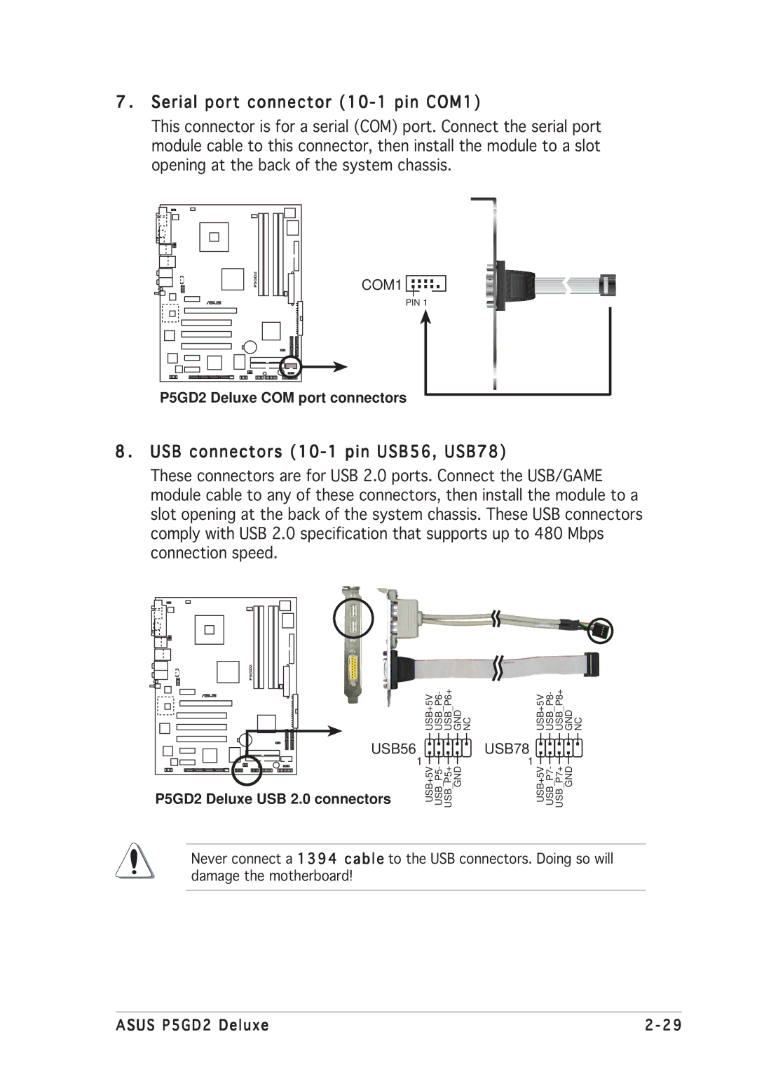 Asus manual Serial port connector 10-1 pin COM1, USB connectors 10-1 pin USB56, USB78, P5GD2 Deluxe COM port connectors 