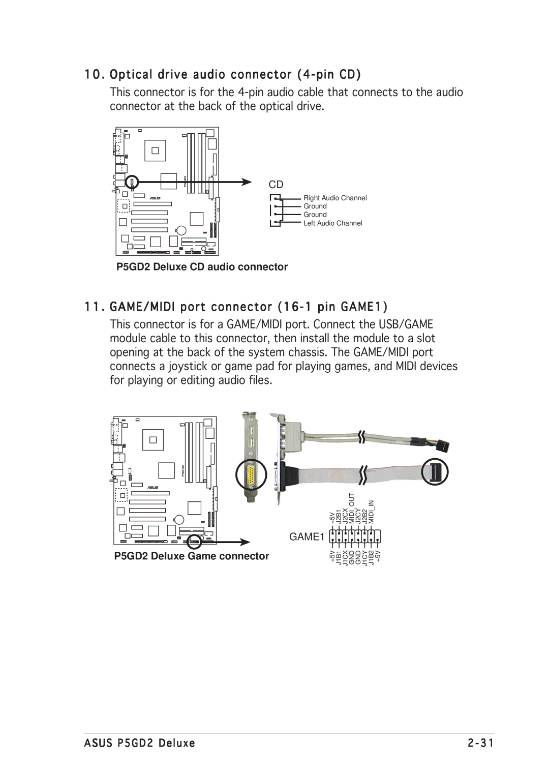 Asus manual Optical drive audio connector 4-pin CD, GAME/MIDI port connector 16-1 pin GAME1, P5GD2 Deluxe Game connector 