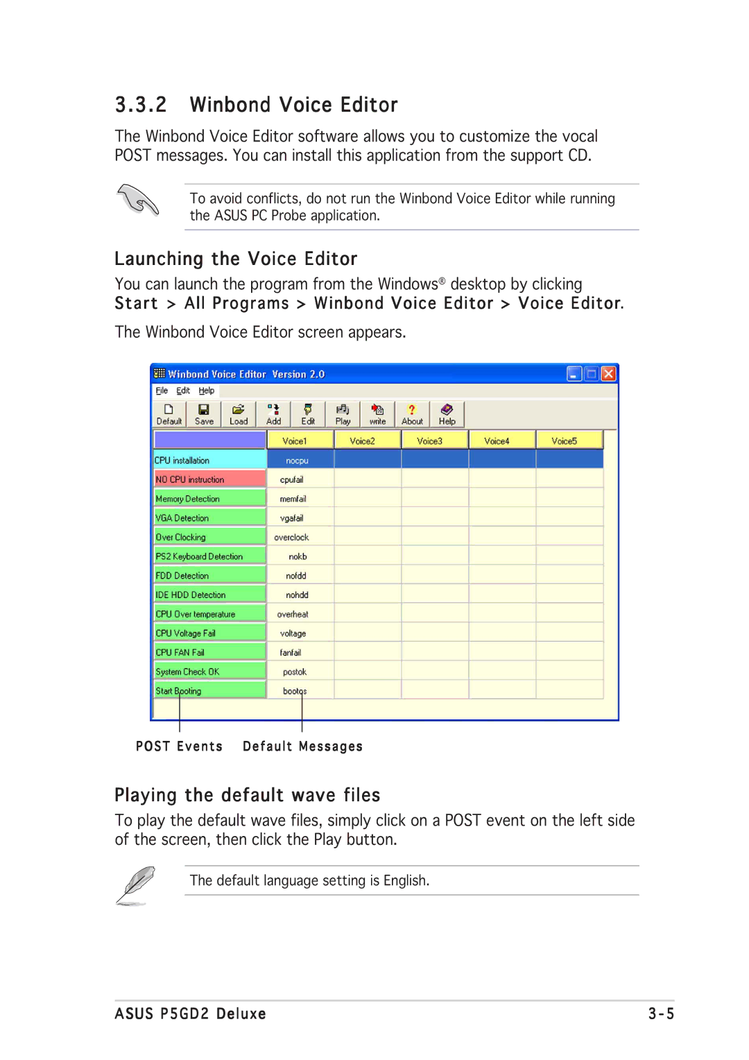 Asus P5GD2 manual Winbond Voice Editor, Launching the Voice Editor, Playing the default wave files 