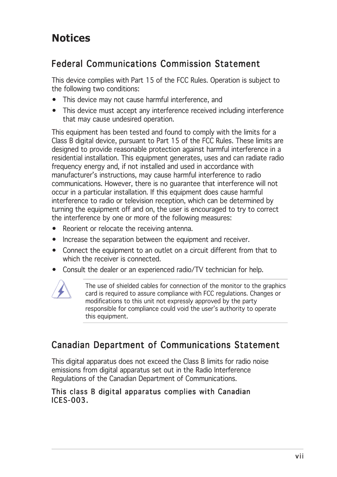 Asus P5GD2 manual Federal Communications Commission Statement, Canadian Department of Communications Statement 