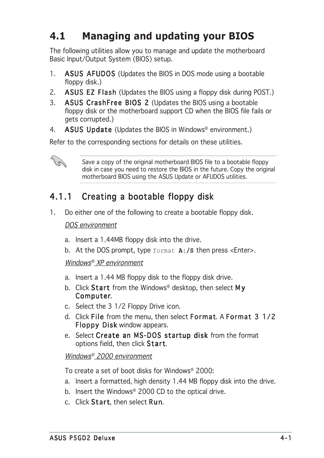 Asus P5GD2 manual Managing and updating your Bios, Creating a bootable floppy disk 