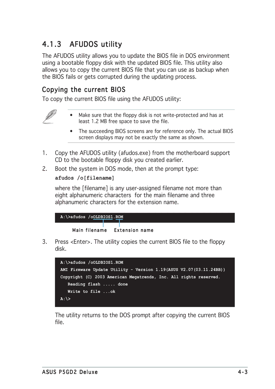 Asus P5GD2 manual Afudos utility, Copying the current Bios 