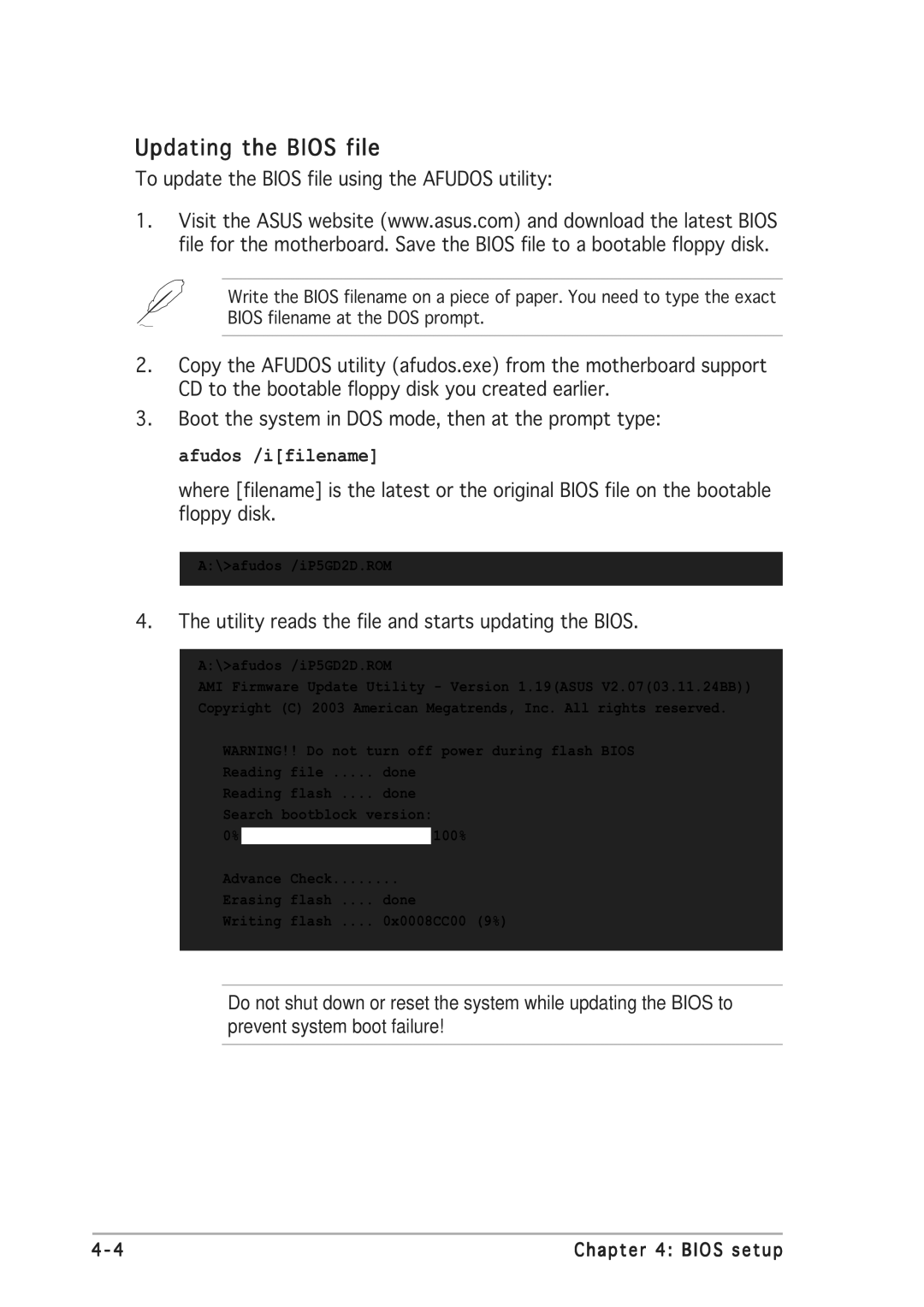 Asus P5GD2 manual Updating the Bios file, To update the Bios file using the Afudos utility 