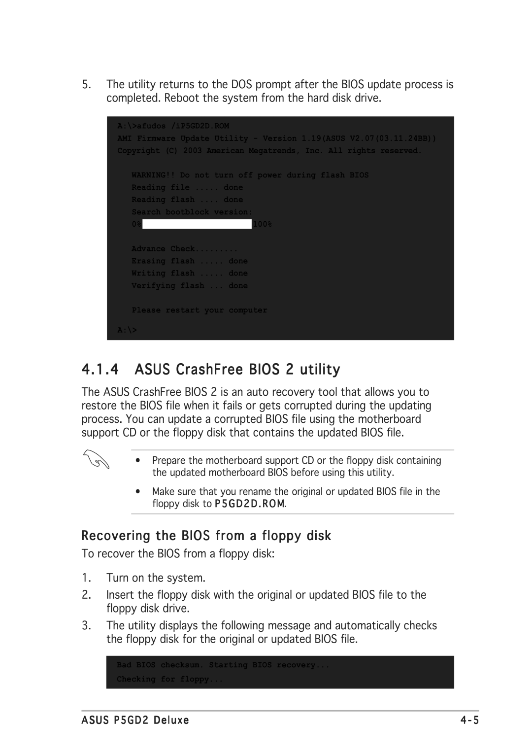 Asus P5GD2 manual Asus CrashFree Bios 2 utility, Recovering the Bios from a floppy disk 