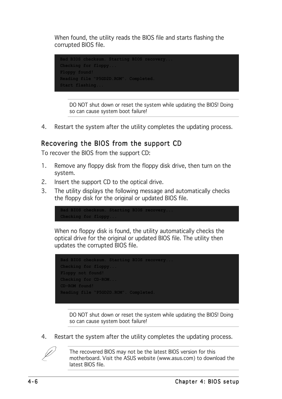 Asus P5GD2 manual Recovering the Bios from the support CD 