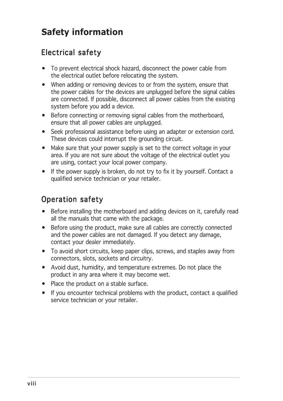 Asus P5GD2 manual Safety information, Electrical safety, Operation safety 