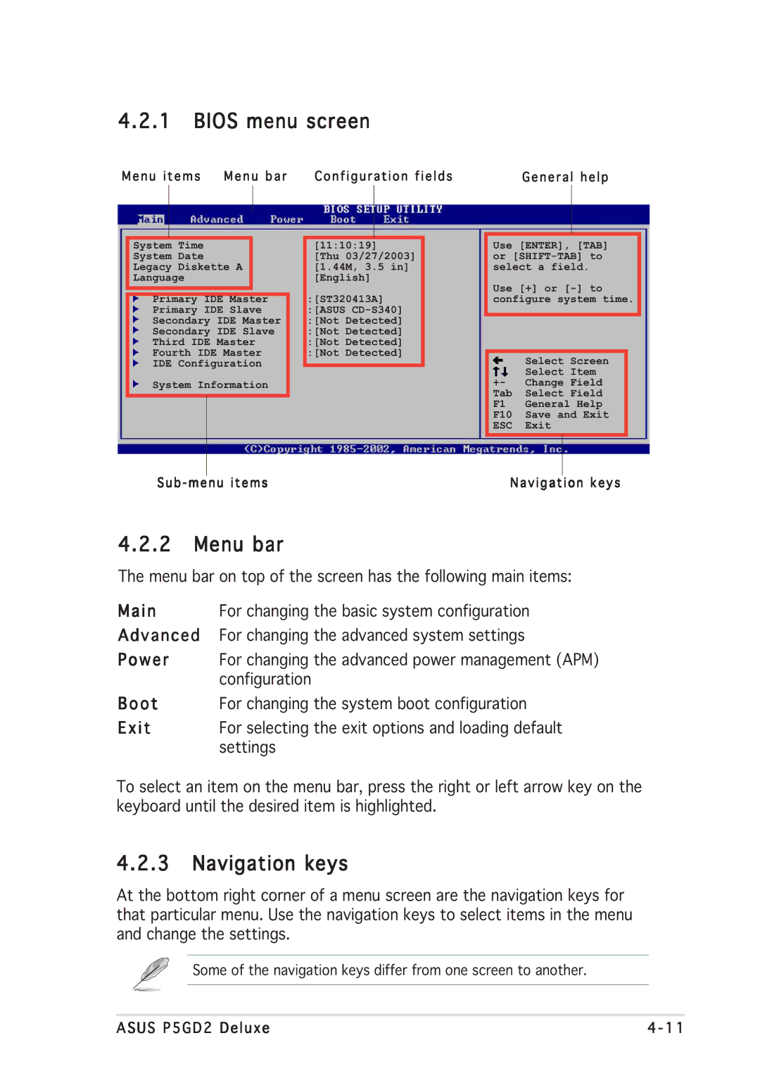 Asus P5GD2 manual Bios menu screen, Menu bar, Navigation keys 