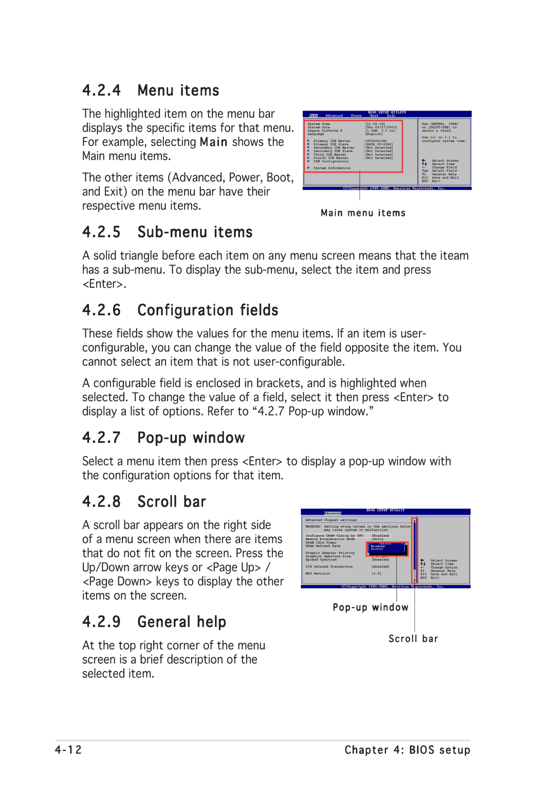 Asus P5GD2 manual Menu items, Sub-menu items, Configuration fields, Pop-up window, Scroll bar, General help 