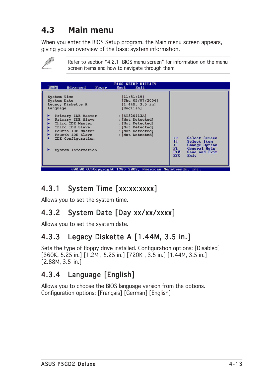 Asus P5GD2 manual Main menu, System Time, System Date Day xx/xx/xxxx, Legacy Diskette a 1.44M, 3.5, Language English 