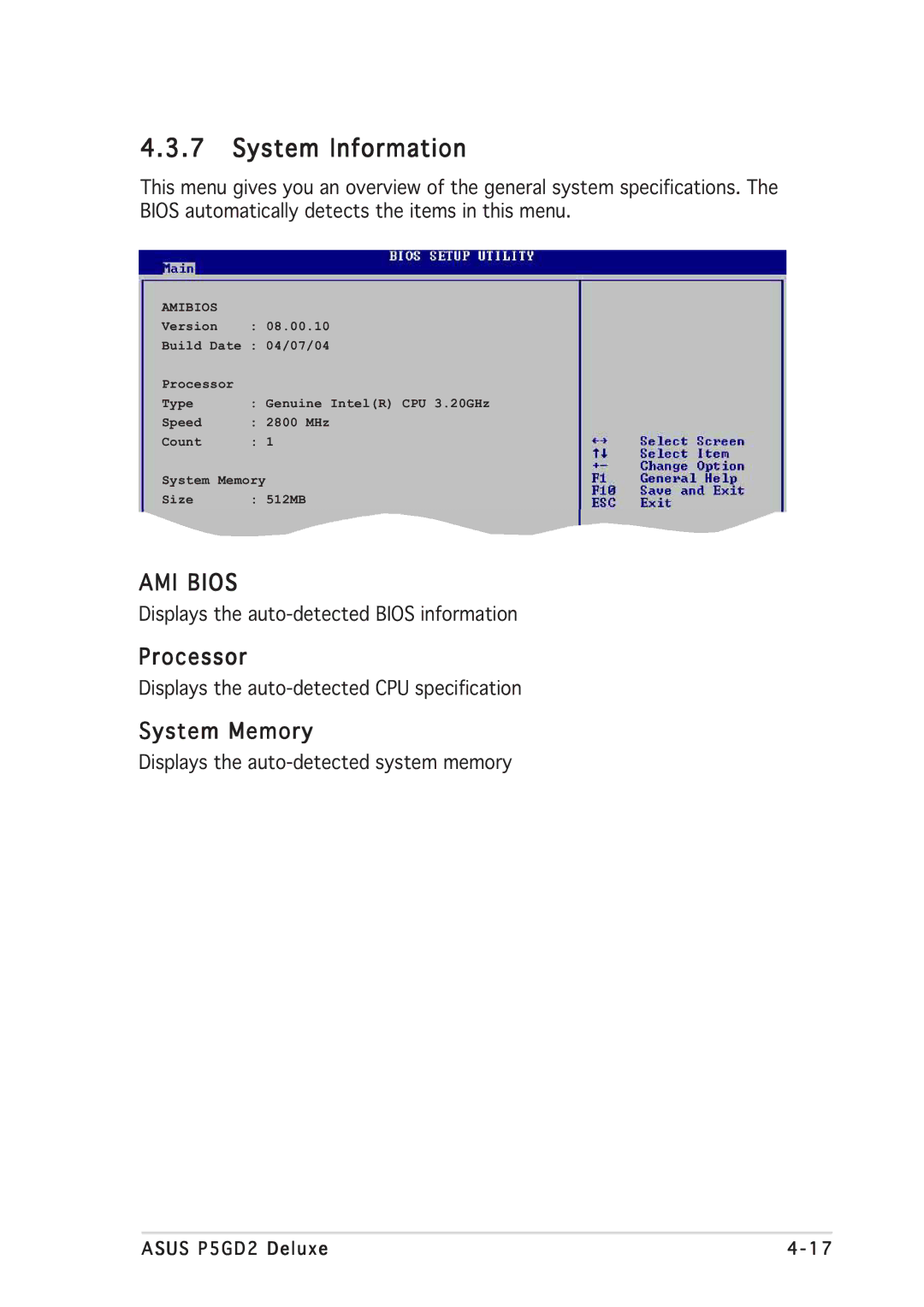 Asus P5GD2 manual System Information, Processor, System Memory 