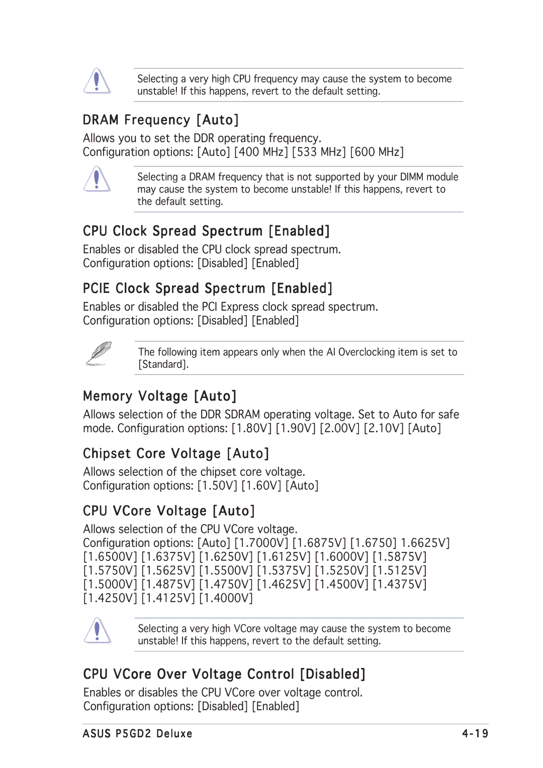 Asus P5GD2 Dram Frequency Auto, CPU Clock Spread Spectrum Enabled, Pcie Clock Spread Spectrum Enabled, Memory Voltage Auto 