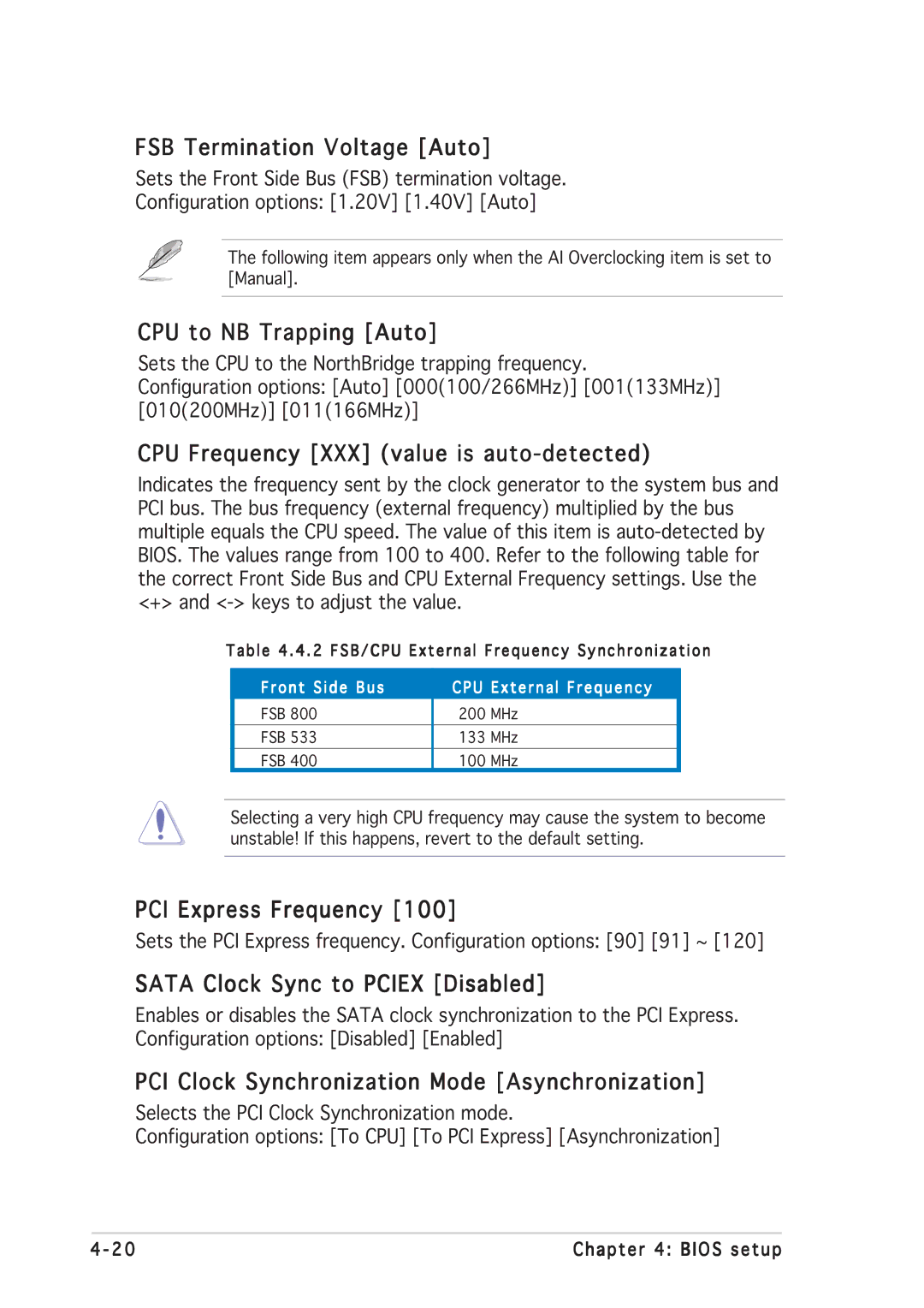 Asus P5GD2 manual FSB Termination Voltage Auto, CPU to NB Trapping Auto, CPU Frequency XXX value is auto-detected 