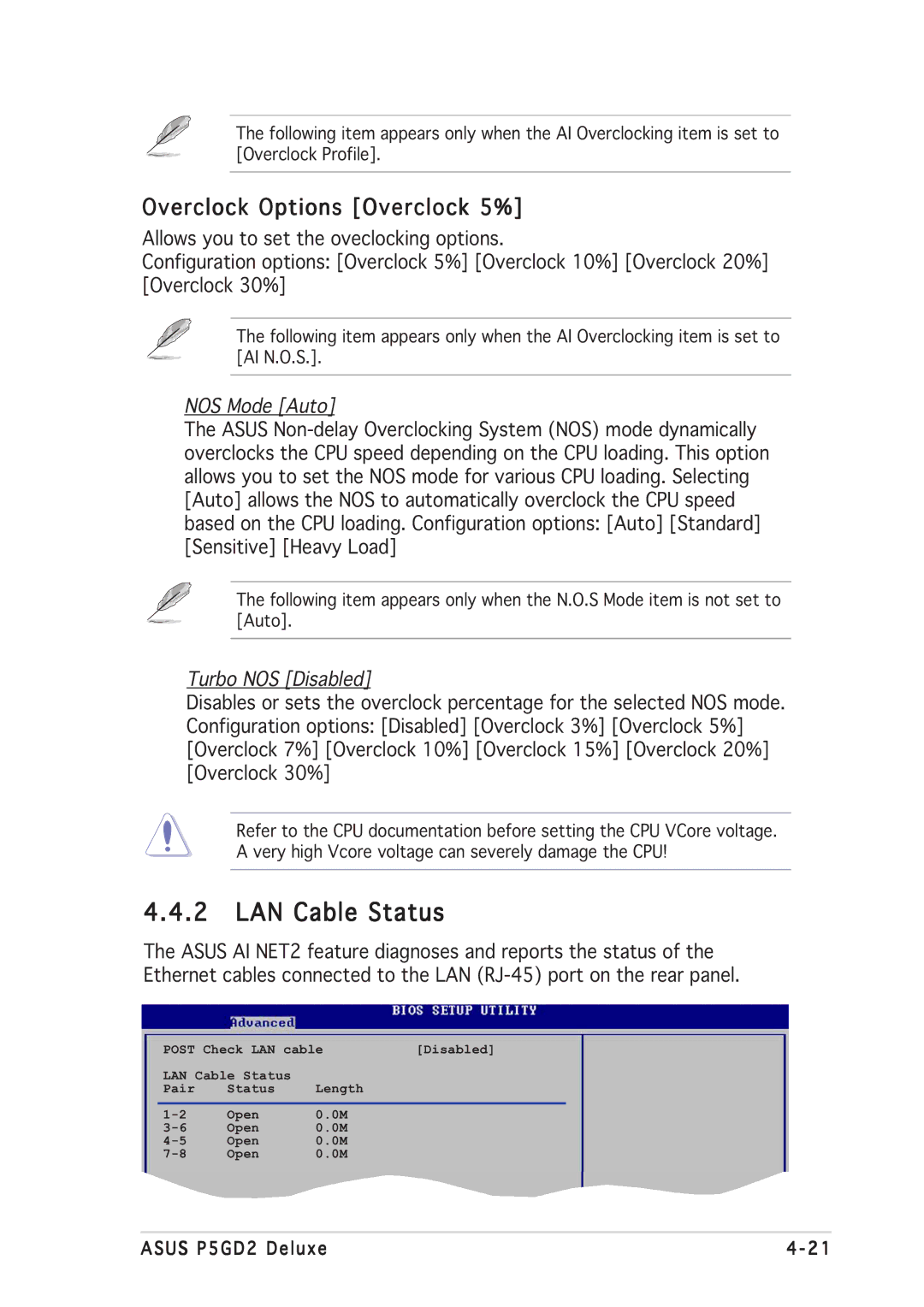 Asus P5GD2 manual LAN Cable Status, Overclock Options Overclock 5% 