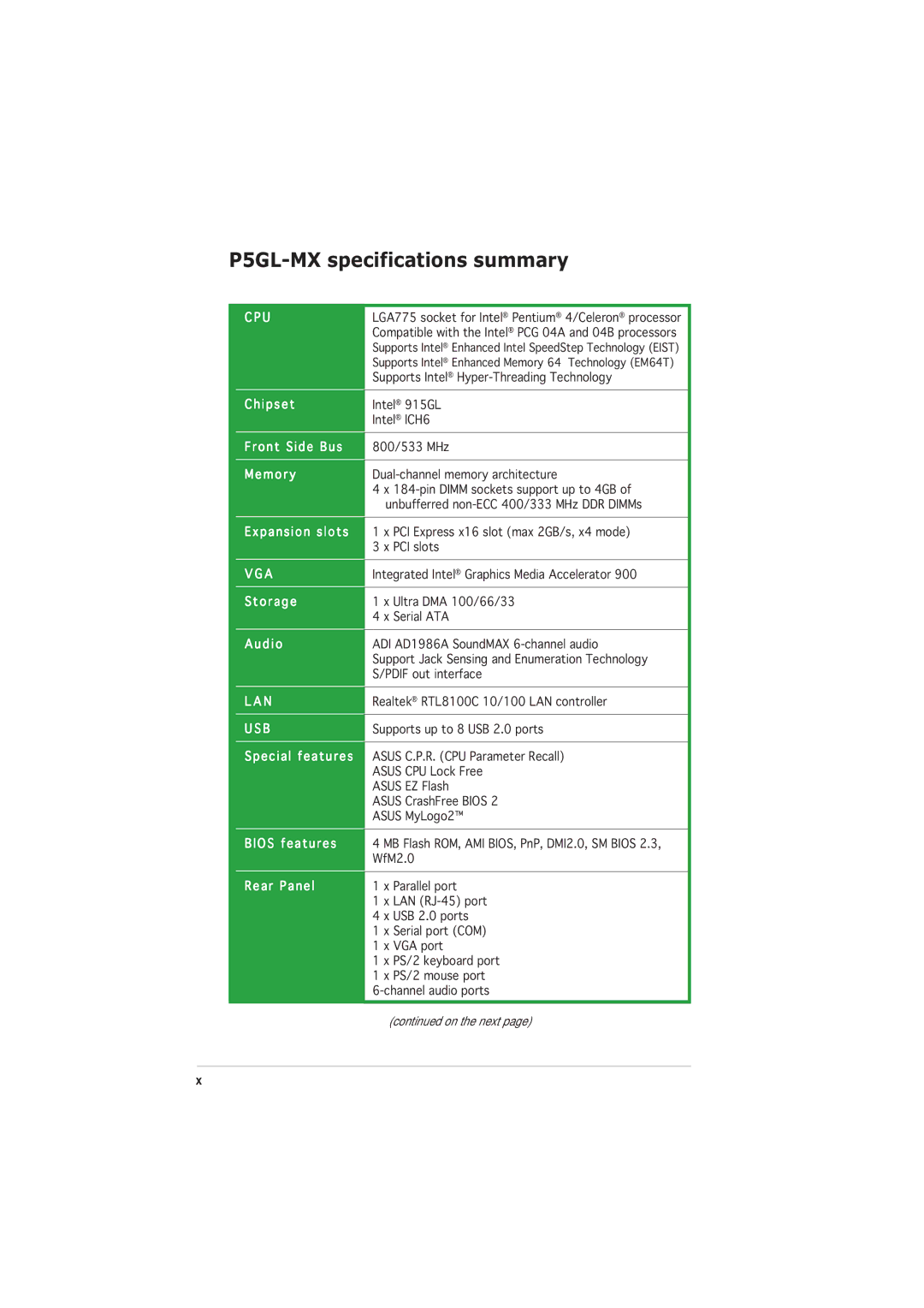 Asus manual P5GL-MX specifications summary, Compatible with the Intel¨ PCG 04A and 04B processors 