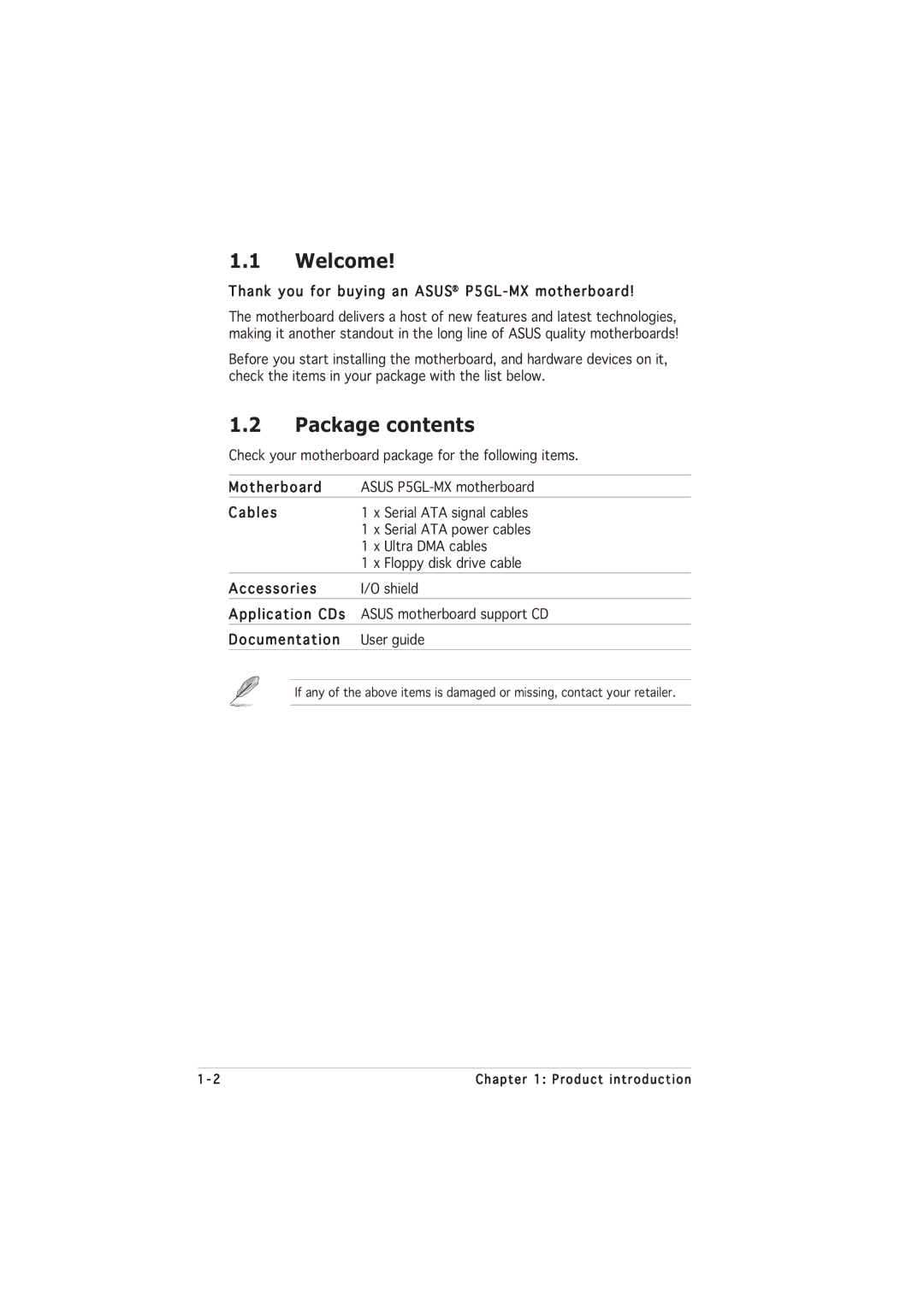 Asus P5GL-MX manual Welcome, Package contents 