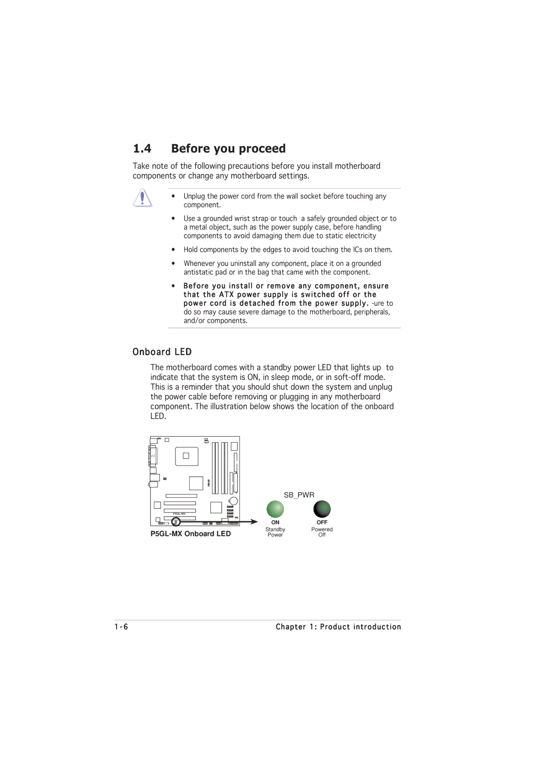 Asus manual Before you proceed, P5GL-MX Onboard LED 