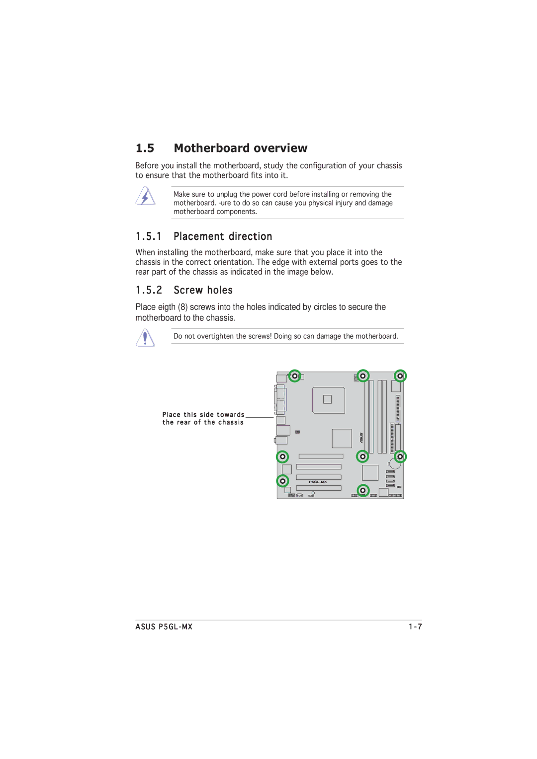 Asus P5GL-MX manual Motherboard overview, Placement direction, Screw holes 