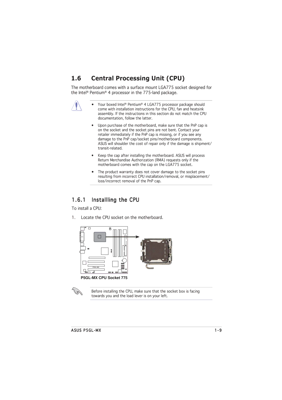 Asus manual Central Processing Unit CPU, Installling the CPU, P5GL-MX CPU Socket 