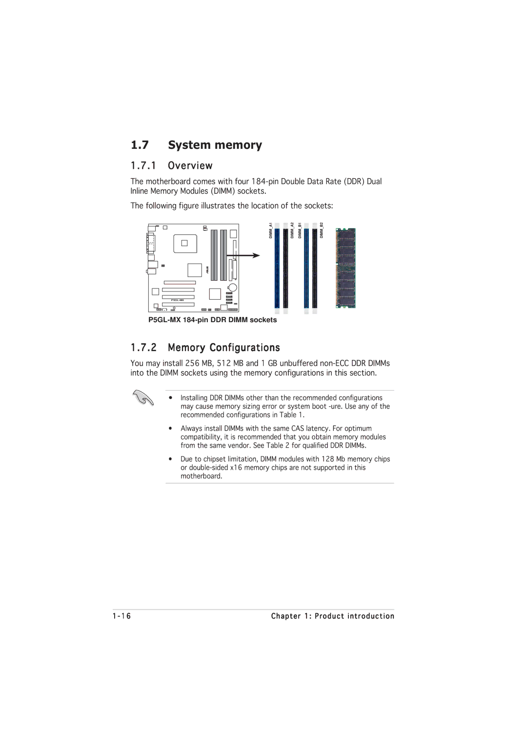 Asus manual System memory, Overview, Memory Configurations, P5GL-MX 184-pin DDR Dimm sockets 