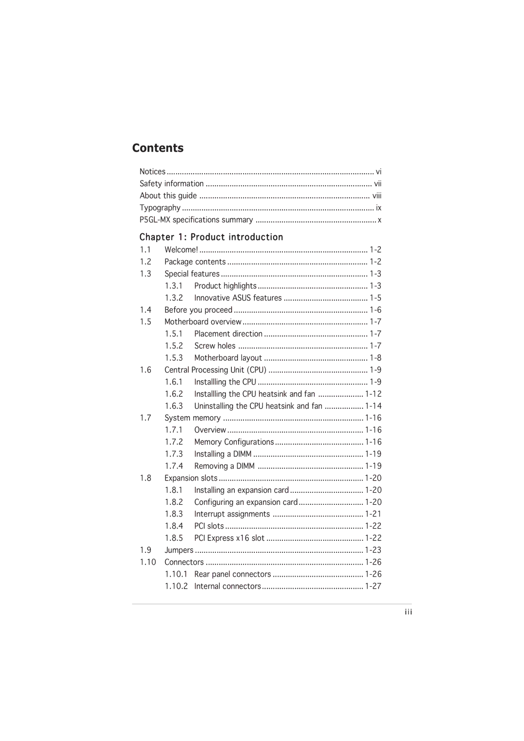 Asus P5GL-MX manual Contents 