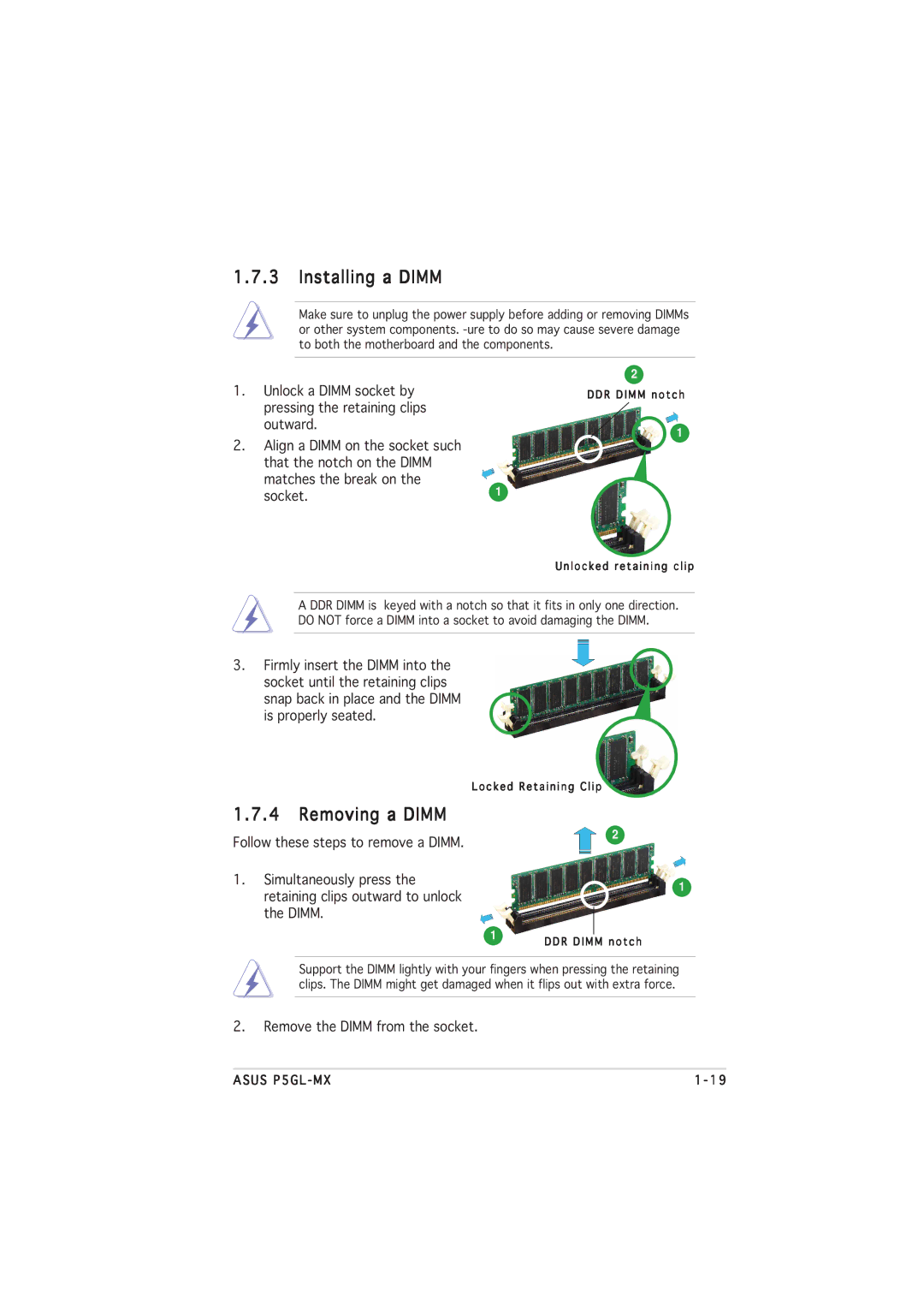 Asus P5GL-MX manual Installing a Dimm, Removing a Dimm 