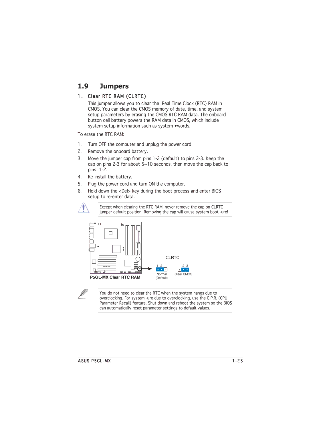 Asus manual Jumpers, Clear RTC RAM Clrtc, P5GL-MX Clear RTC RAM 