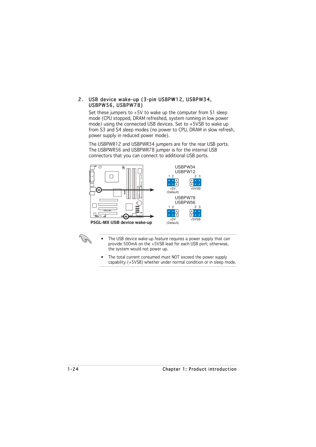 Asus manual USB device wake-up 3-pin USBPW12, USBPW34, USBPW56, USBPW78, P5GL-MX USB device wake-up 