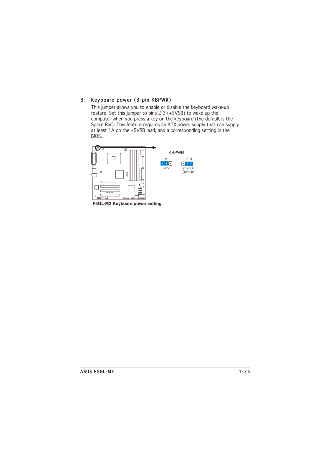 Asus manual Keyboard power 3-pin Kbpwr, P5GL-MX Keyboard power setting 