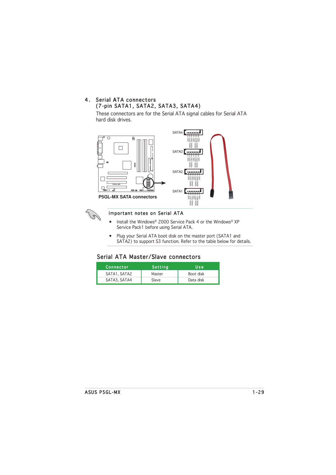 Asus P5GL-MX manual Serial ATA Master/Slave connectors, Serial ATA connectors Pin SATA1, SATA2, SATA3, SATA4 